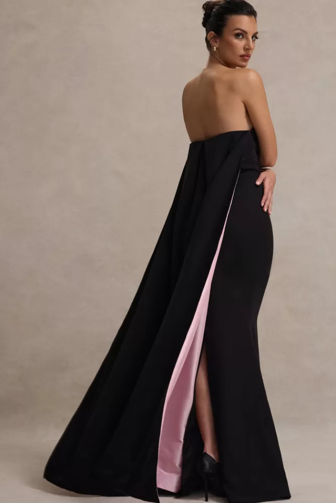 Club L London She's Trouble | Black Bandeau Maxi Dress With Pink Cape BLACKANDPINK Sale