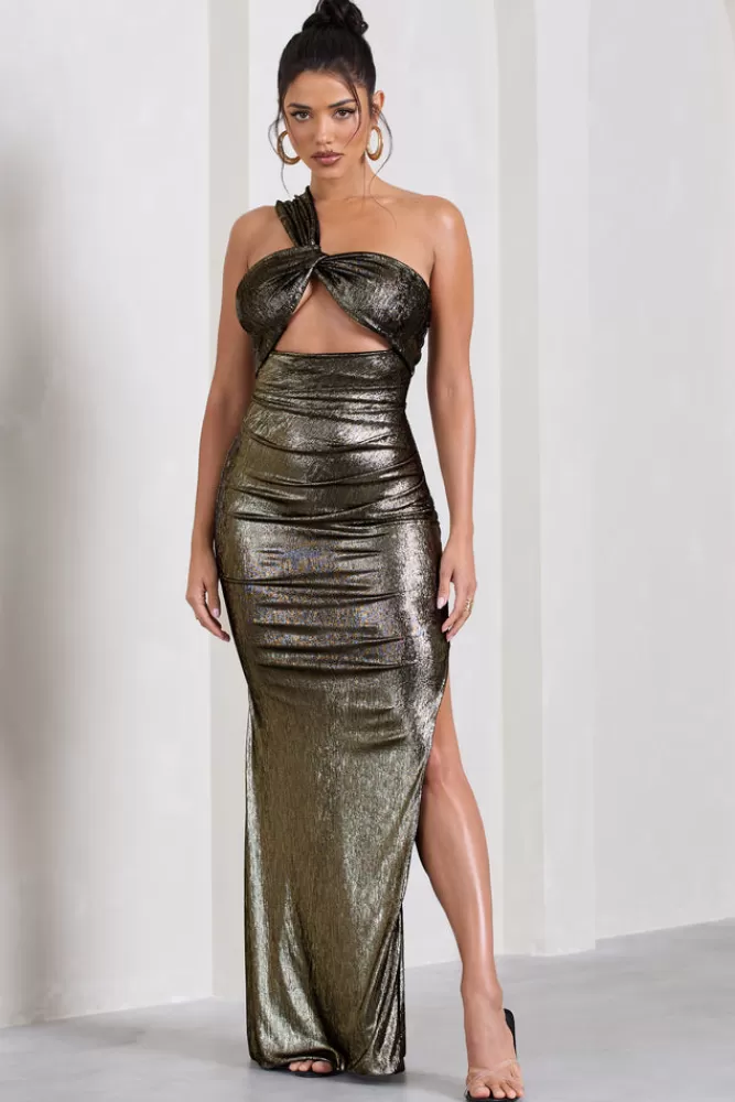 Club L London Shimmer | Gold Metallic Asymmetric Maxi Dress With Knotted Strap METALLICGOLD Clearance