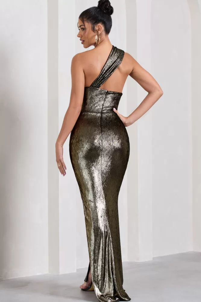 Club L London Shimmer | Gold Metallic Asymmetric Maxi Dress With Knotted Strap METALLICGOLD Clearance