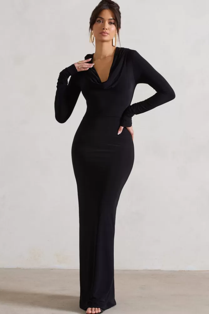 Club L London Shira | Long-Sleeve Hooded Maxi Dress BLACK New