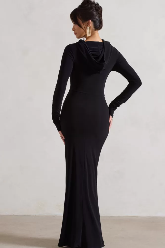 Club L London Shira | Long-Sleeve Hooded Maxi Dress BLACK New