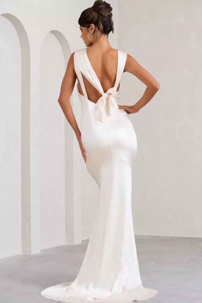 Club L London Showpiece | Satin Corset Split Maxi Dress CREAM Cheap