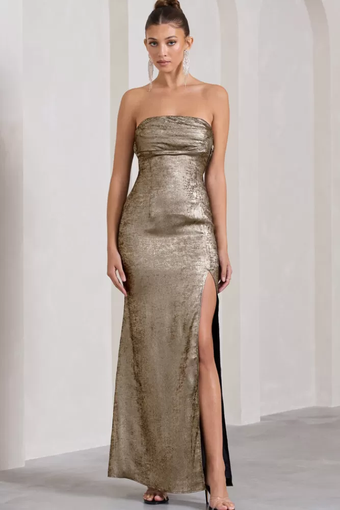 Club L London Showstopper | Gold Metallic Strapless Open-Back Split Maxi Dress METALLICGOLD Sale