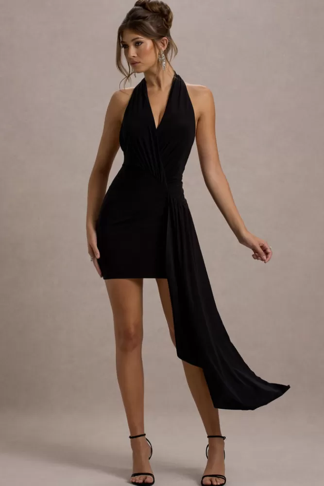 Club L London Sidney | Plunge-Neck Draped Wrap Mini Dress BLACK Discount