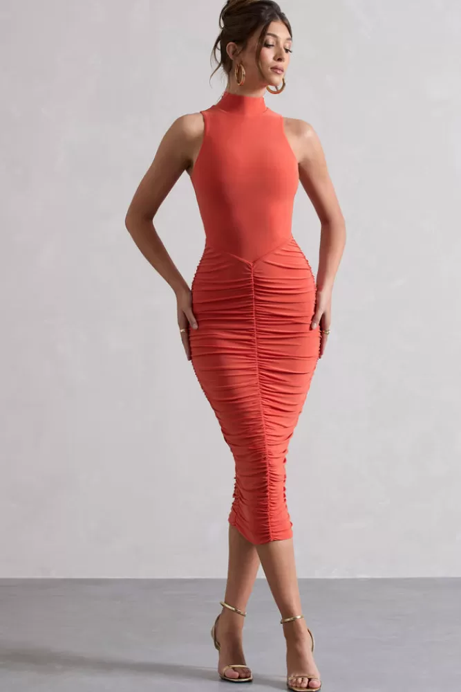 Club L London Sidnie | Orange Ruched Bodycon High-Neck Midi Dress MANDARINORANGE Discount