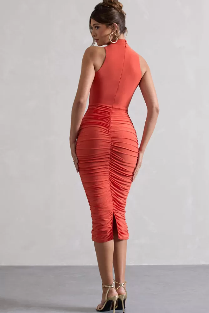 Club L London Sidnie | Orange Ruched Bodycon High-Neck Midi Dress MANDARINORANGE Discount