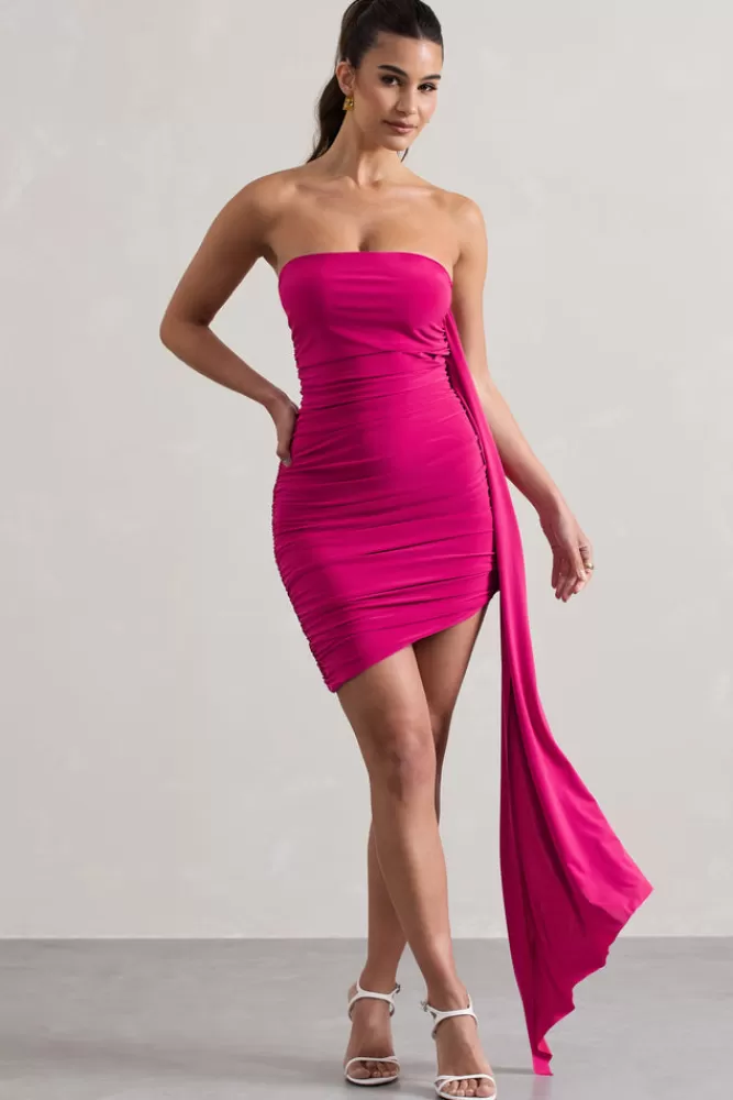 Club L London Siena | Hot Pink Ruched Asymmetric Mini Dress With Sash HOTPINK Best Sale