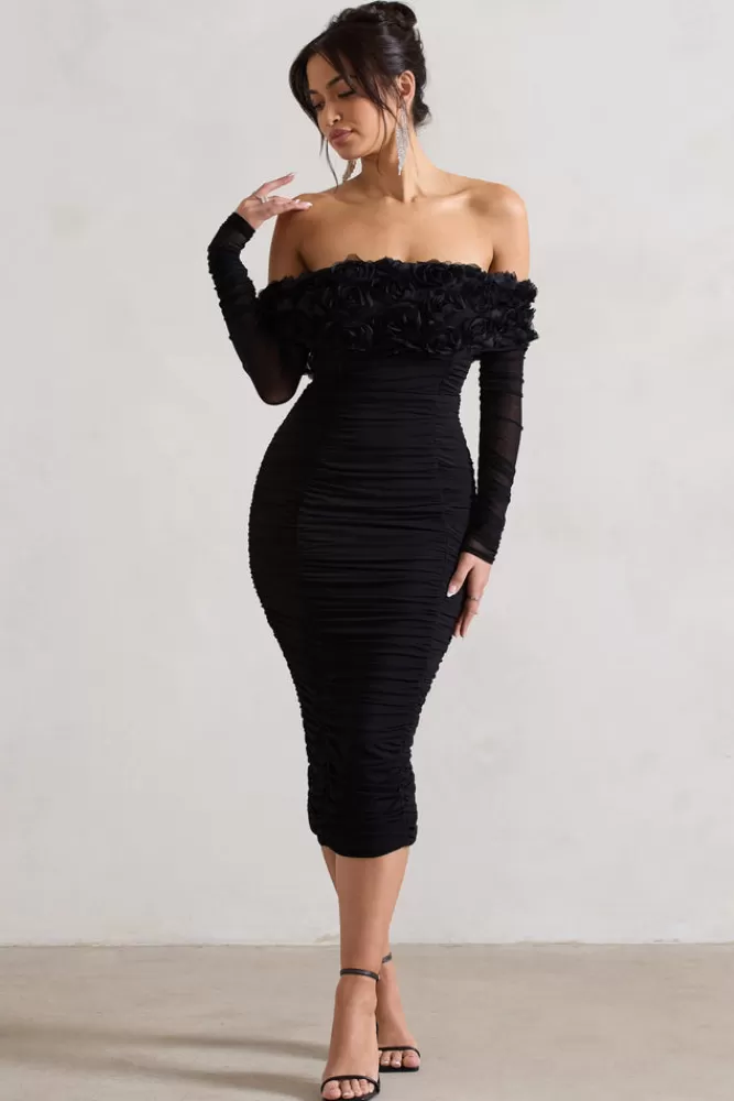 Club L London Sierra | Mesh Ruched Floral Bardot Lace-Up Midi Dress BLACK Clearance