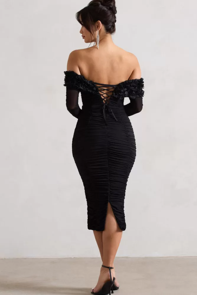 Club L London Sierra | Mesh Ruched Floral Bardot Lace-Up Midi Dress BLACK Clearance