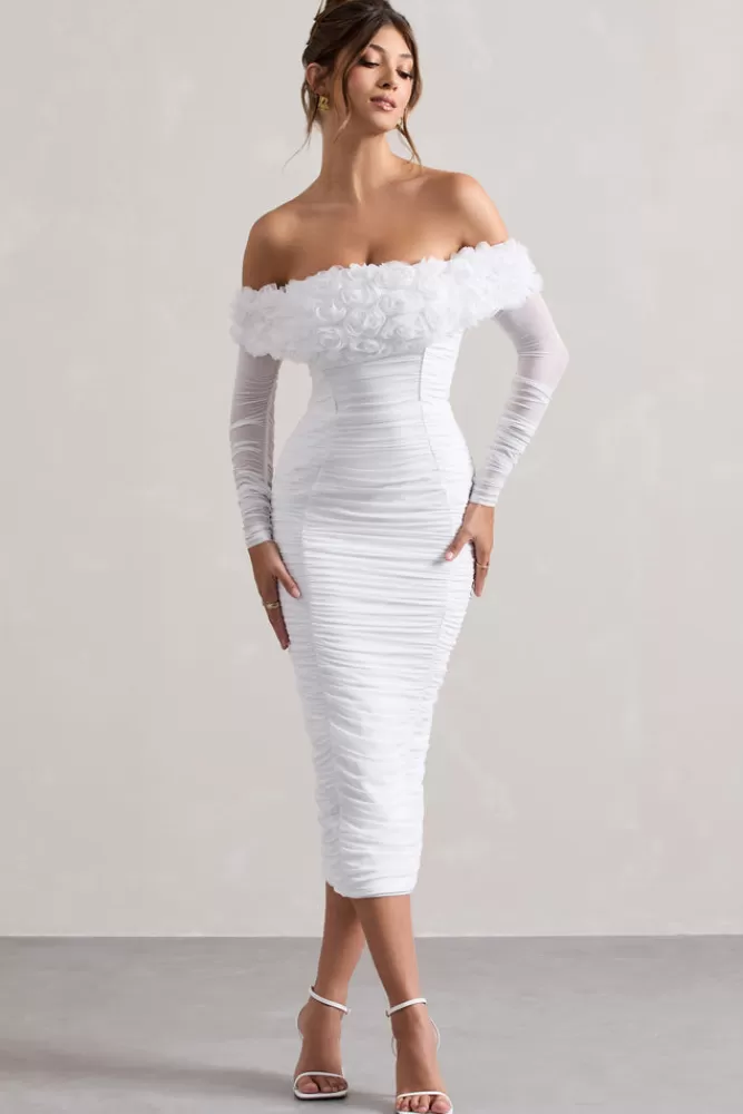 Club L London Sierra | Mesh Ruched Floral Bardot Lace-Up Midi Dress WHITE Cheap