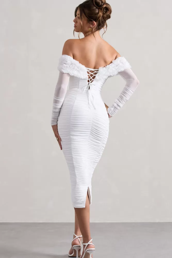Club L London Sierra | Mesh Ruched Floral Bardot Lace-Up Midi Dress WHITE Cheap