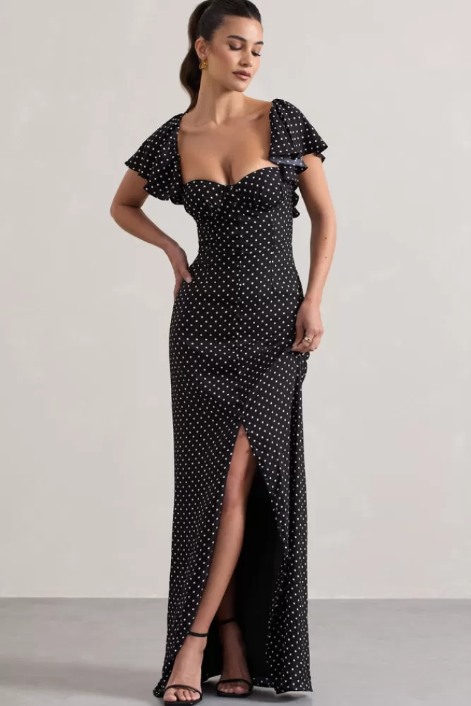 Club L London Signorina | Black Polka Dot Buttoned Maxi Dress With Flounced Short Sleeves BLACKPOLKADOT Clearance