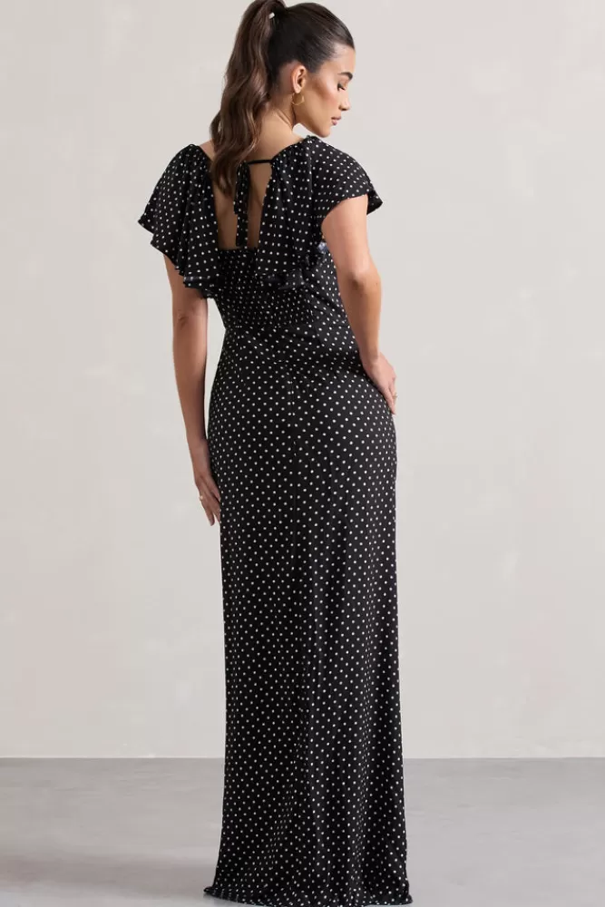 Club L London Signorina | Black Polka Dot Buttoned Maxi Dress With Flounced Short Sleeves BLACKPOLKADOT Clearance