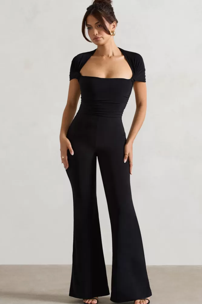 Club L London Silvanna | Ruched Square-Neck Flared-Leg Jumpsuit BLACK Discount