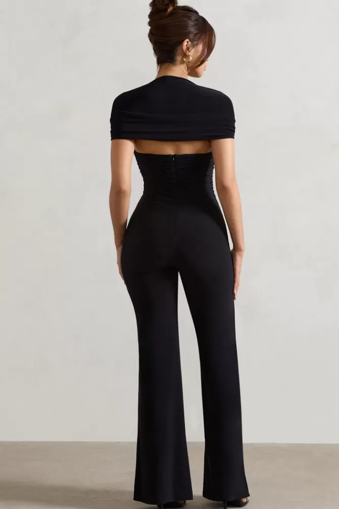 Club L London Silvanna | Ruched Square-Neck Flared-Leg Jumpsuit BLACK Discount