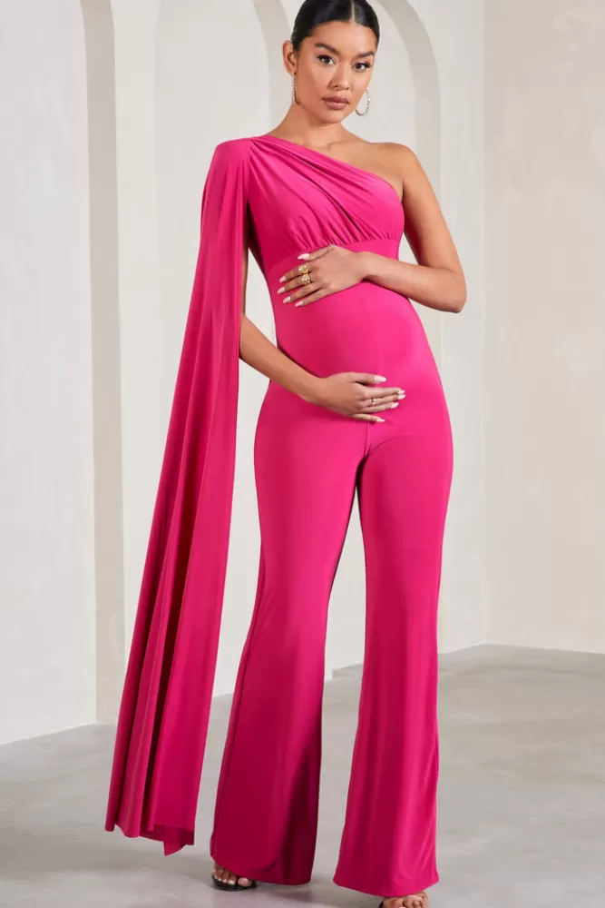 Club L London Sing To Sleep | Hot Pink Maternity One Shoulder Cape Jumpsuit HOTPINK New