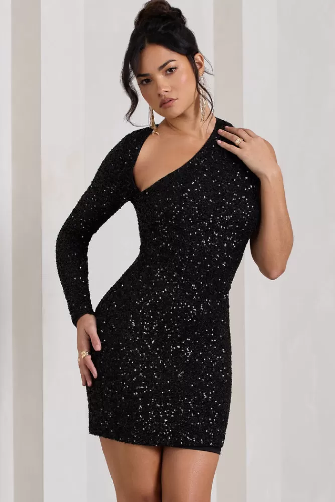 Club L London Siren | Sequin One Shoulder Bodycon Mini Dress BLACK Flash Sale