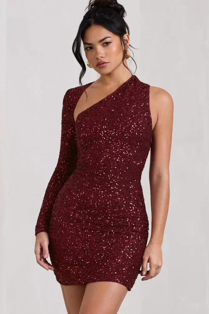 Club L London Siren | Sequin One Shoulder Bodycon Mini Dress BURGUNDY Best Sale