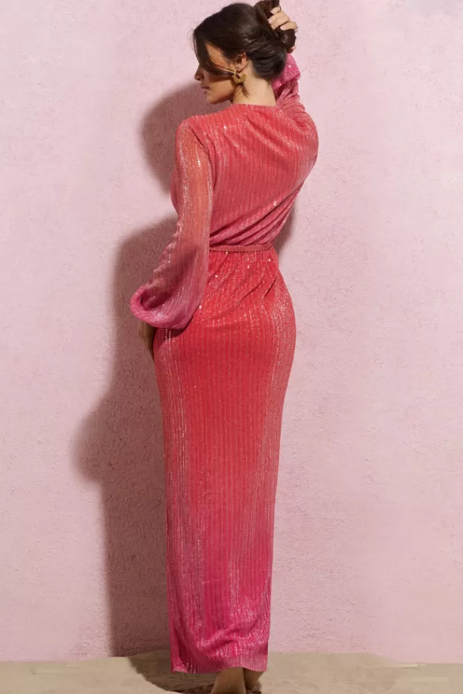 Club L London Sky Dance | Pink u0026 Orange Ombre Chiffon Balloon-Sleeved Split Maxi Dress PINK&ORANGEOMBRE Shop