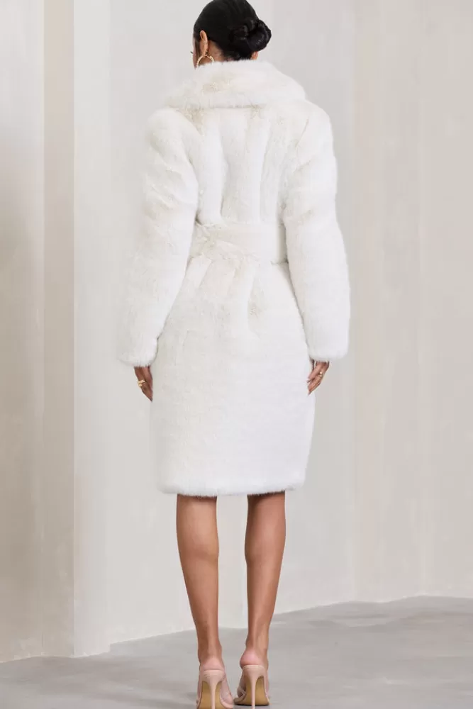 Club L London Slopeside | Long Belted Faux Fur Coat CREAM Sale