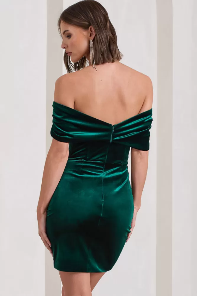 Club L London Snowdrop | Bottle Green Velvet Bardot Wrap Mini Dress BOTTLEGREEN Flash Sale