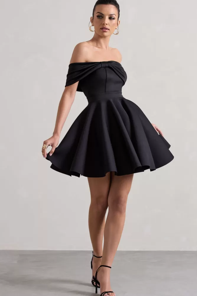 Club L London Snowfall | Bardot Bow Skater Mini Dress BLACK Clearance