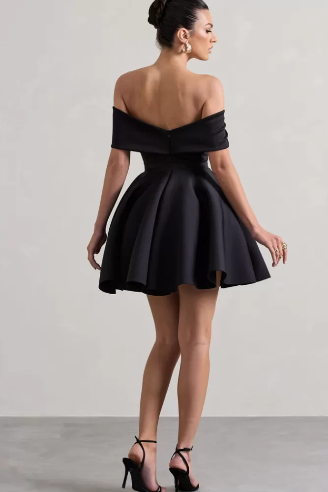 Club L London Snowfall | Bardot Bow Skater Mini Dress BLACK Clearance