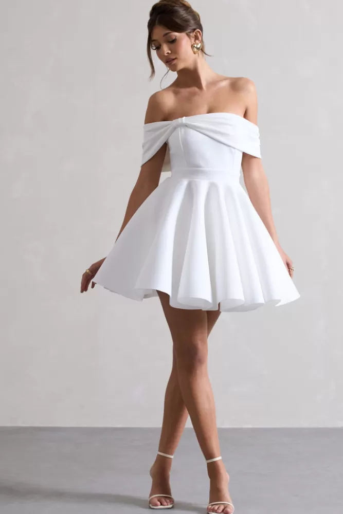 Club L London Snowfall | Bardot Bow Skater Mini Dress WHITE Cheap