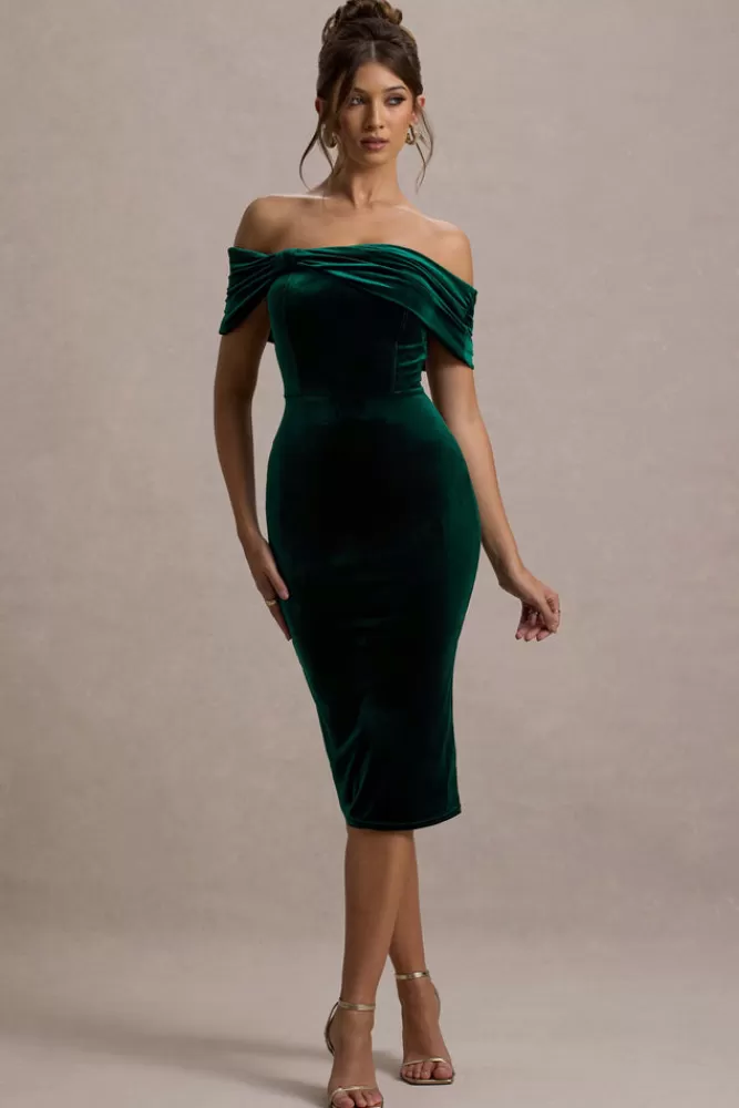 Club L London Snowflake | Bottle Green Velvet Bardot Bow Detail Midi Dress BOTTLEGREEN Best Sale