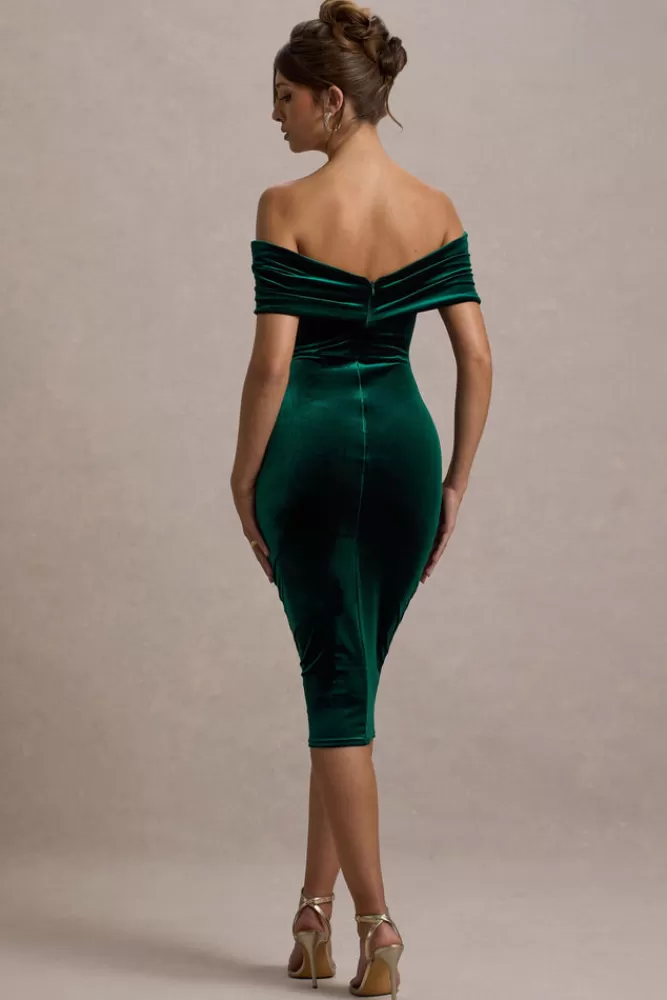 Club L London Snowflake | Bottle Green Velvet Bardot Bow Detail Midi Dress BOTTLEGREEN Best Sale