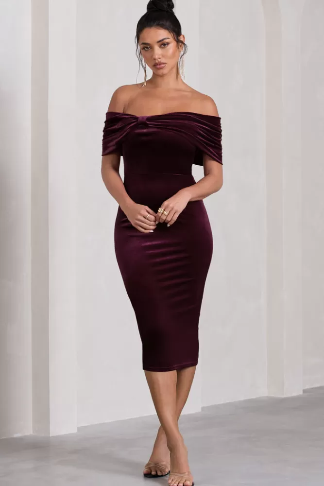 Club L London Snowflake | Velvet Bardot Bow Detail Midi Dress PORT Best