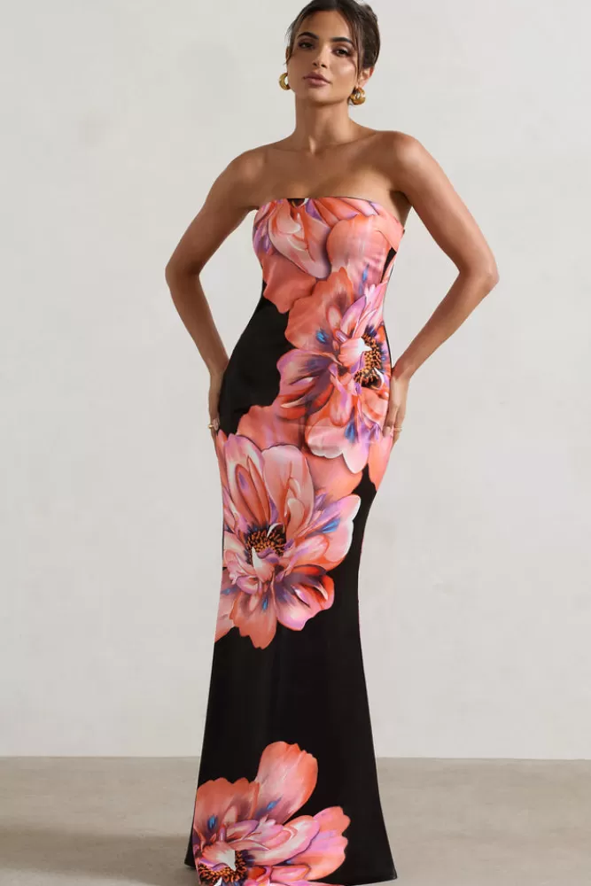 Club L London Sofiane | Black u0026 Pink Floral Print Bandeau Maxi Dress PINKFLORALPRINT Outlet