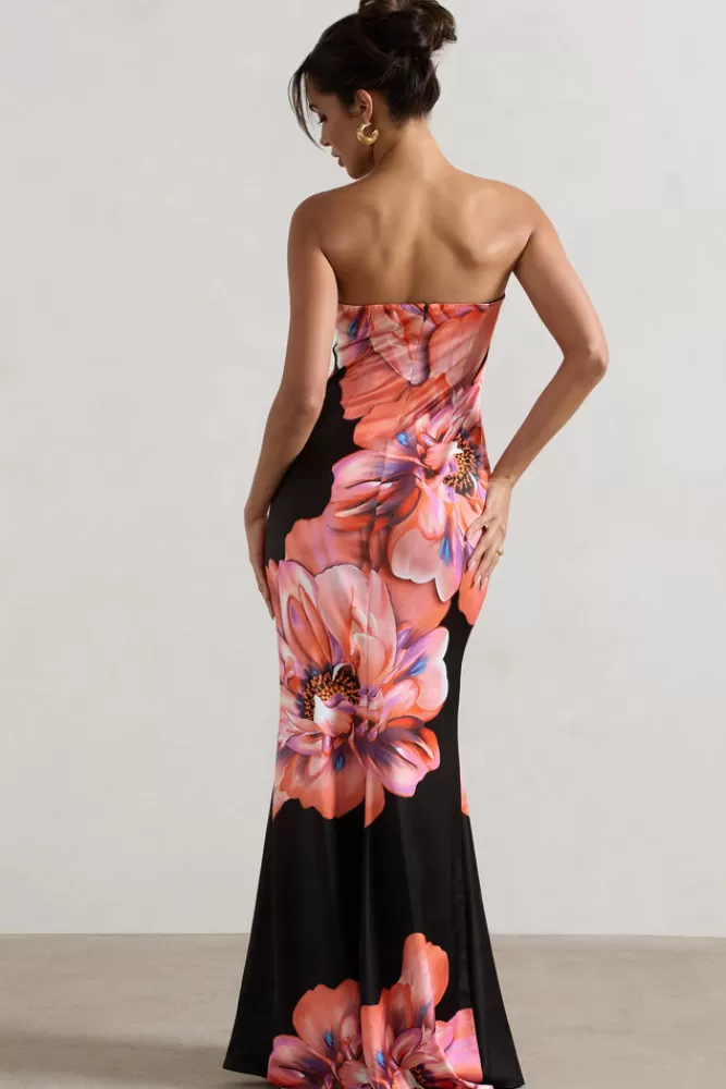 Club L London Sofiane | Black u0026 Pink Floral Print Bandeau Maxi Dress PINKFLORALPRINT Outlet