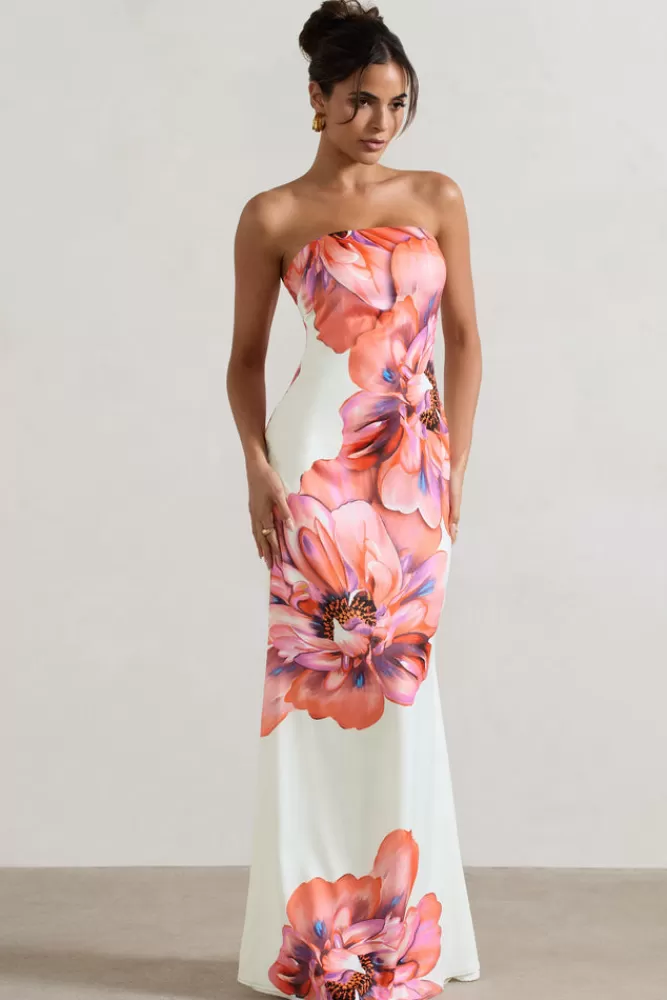 Club L London Sofiane | Cream u0026 Pink Floral Print Bandeau Maxi Dress PINKFLORALPRINT Flash Sale
