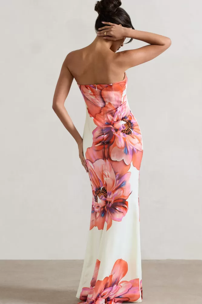 Club L London Sofiane | Cream u0026 Pink Floral Print Bandeau Maxi Dress PINKFLORALPRINT Flash Sale