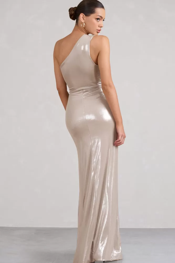 Club L London Sofie | One Shoulder Maxi Dress with Thigh Split GOLD Sale