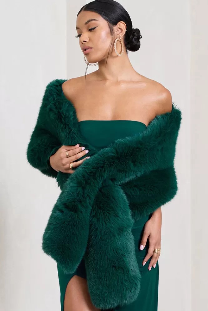 Club L London Softly | Green Faux Fur Pull-Through Shawl BOTTLEGREEN Store