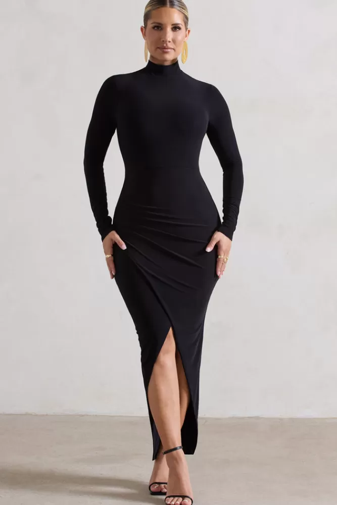 Club L London Soha | High-Neck Wrap Midi Dress BLACK Shop