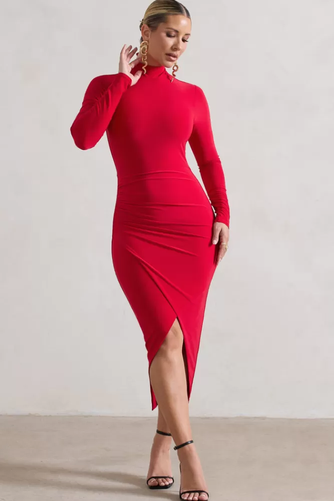 Club L London Soha | High-Neck Wrap Midi Dress RED Outlet