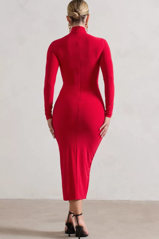 Club L London Soha | High-Neck Wrap Midi Dress RED Outlet