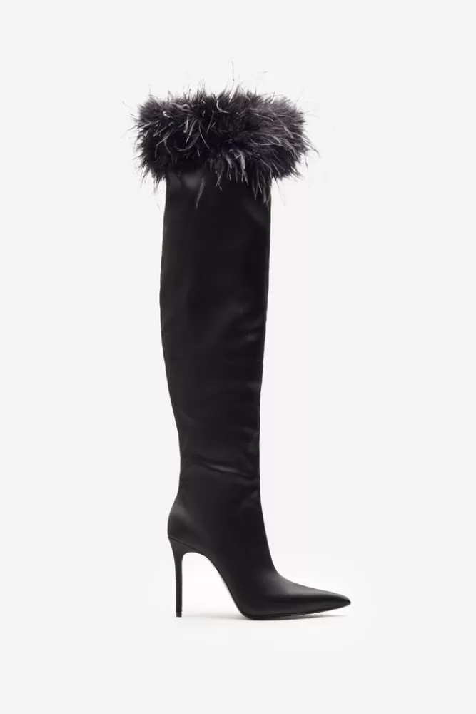 Club L London Soho | Black Satin Pointed Heeled Boots With Feather Trims BLACKSATIN Flash Sale