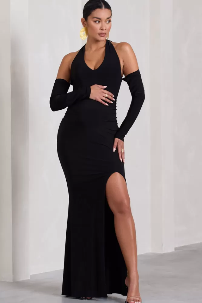 Club L London Solana | Halter-Neck Long-Sleeve Split Maternity Maxi Dress BLACK Clearance