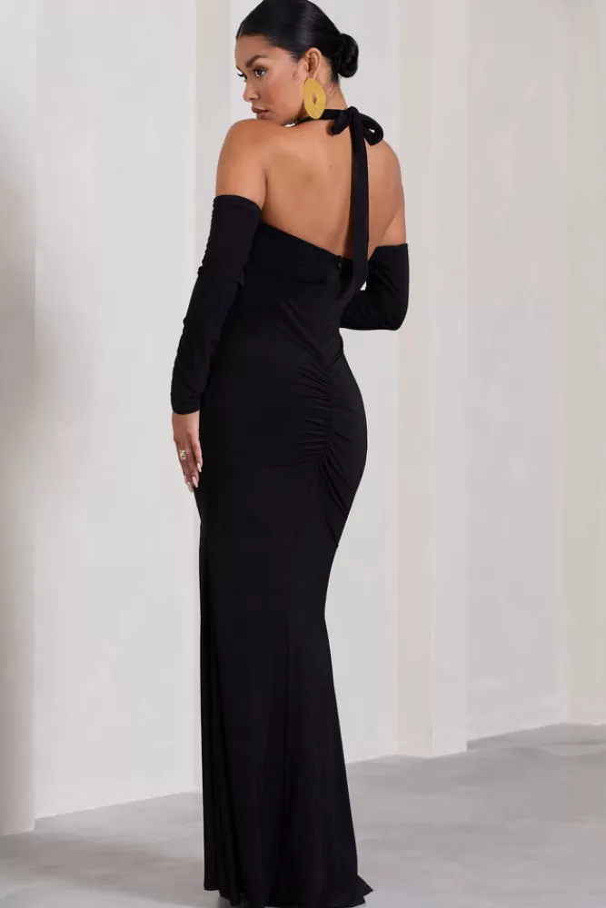 Club L London Solana | Halter-Neck Long-Sleeve Split Maternity Maxi Dress BLACK Clearance