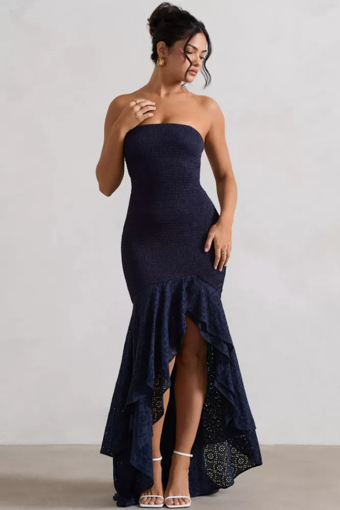 Club L London Solange | Broderie Bandeau High-Low Maxi Dress NAVY Discount