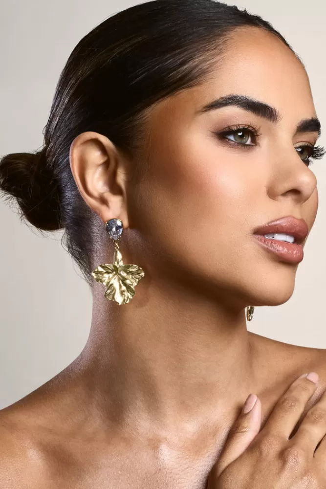 Club L London Solene | Diamante Drop Leaf Earrings GOLD Flash Sale