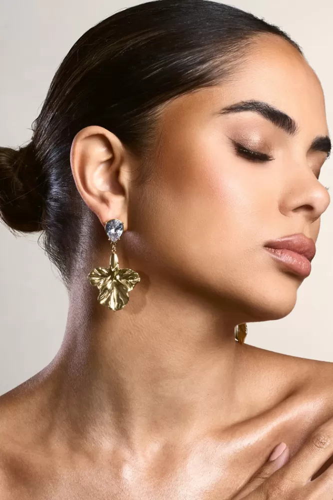 Club L London Solene | Diamante Drop Leaf Earrings GOLD Flash Sale