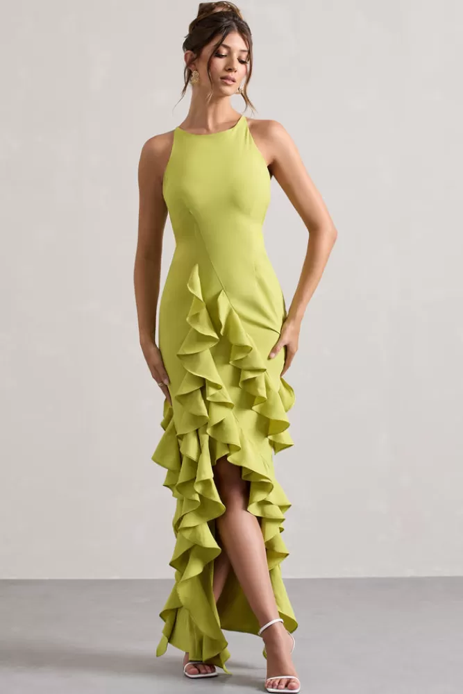 Club L London Sommer | Green Racer-Neck Ruffle Maxi Dress LIME Best Sale