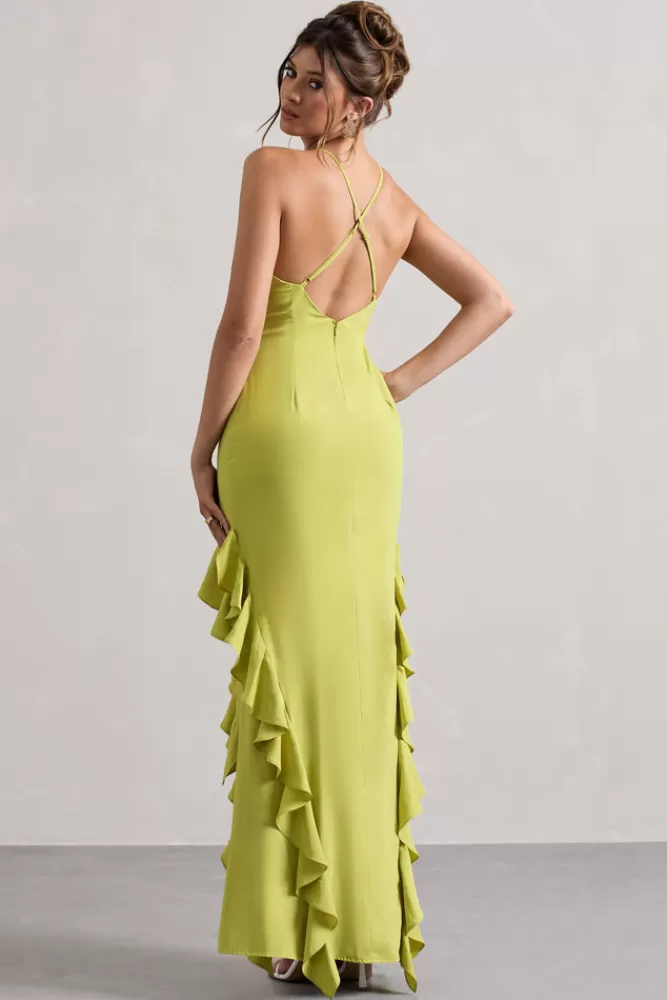 Club L London Sommer | Green Racer-Neck Ruffle Maxi Dress LIME Best Sale