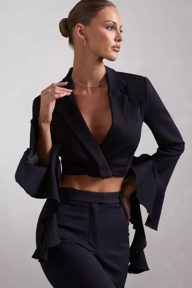 Club L London Sophie | Cotton-Blend Tailored Cropped Blazer With Ruffled Cuffs BLACK Outlet