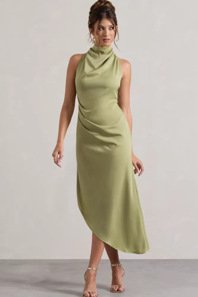 Club L London Sophina | Light Olive Satin Cowl-Neck Asymmetric Midi Dress OLIVEGREEN Hot